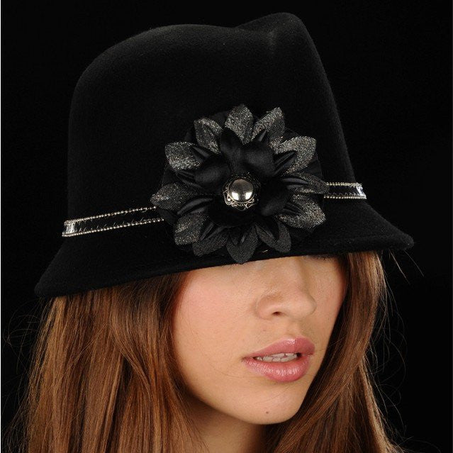 FW1101-Black felt with custom made flower and trim. - SHENOR COLLECTIONS