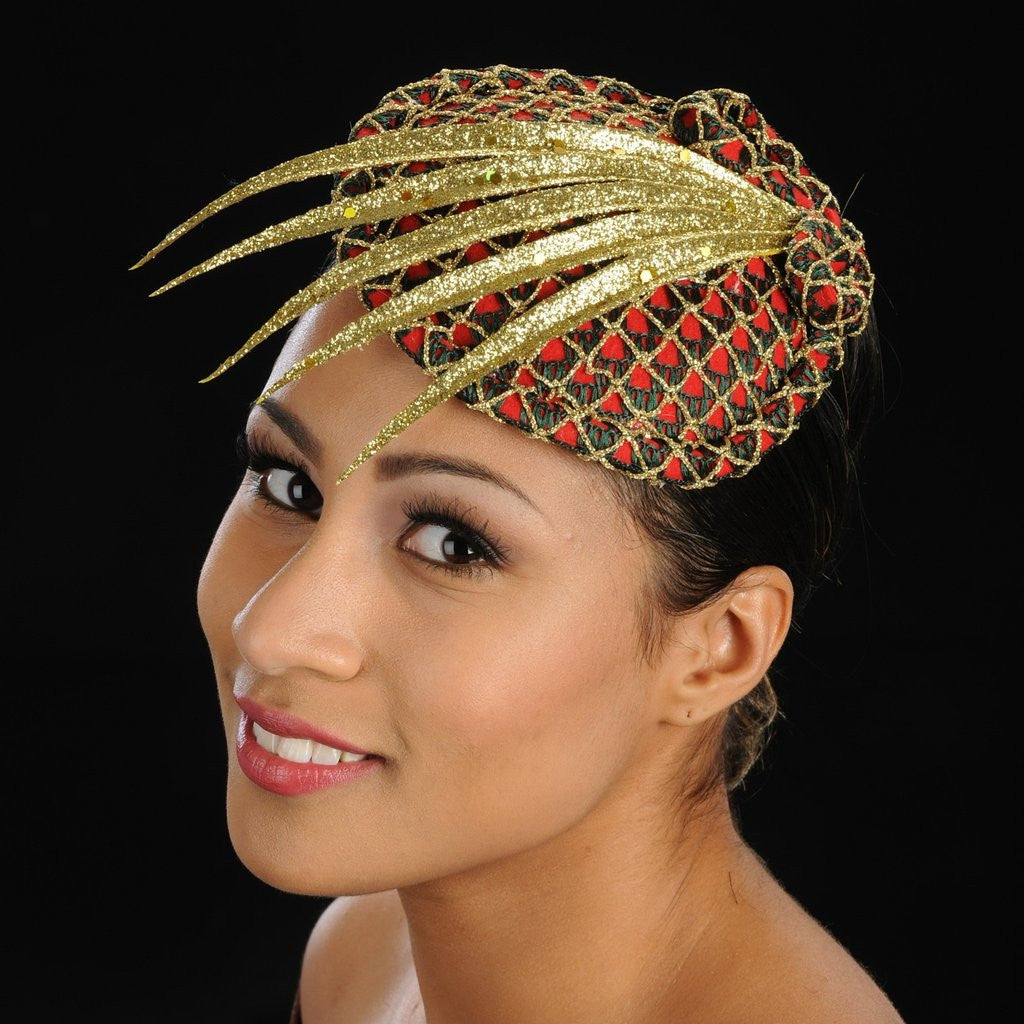 FW1131 Red fascinator felt covered with green and gold fabric - SHENOR COLLECTIONS
