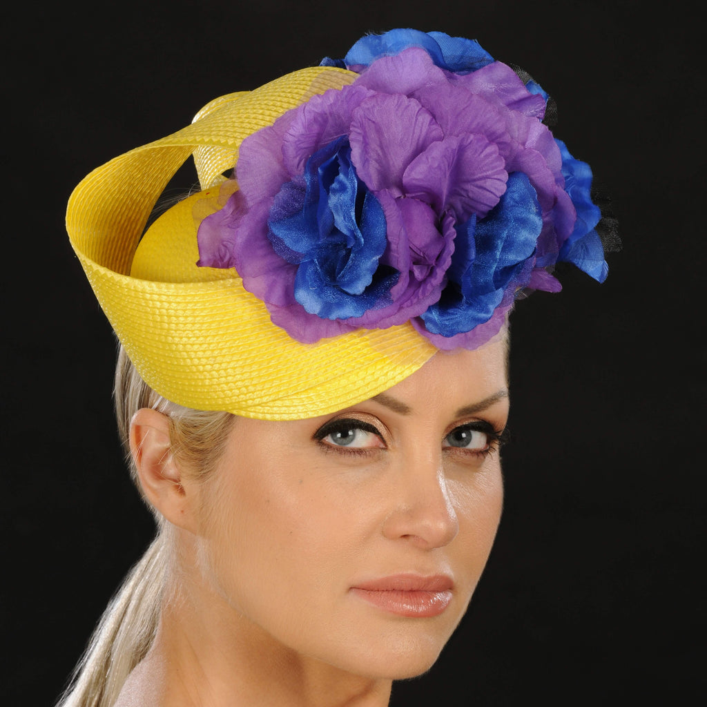 NA1051- Yellow ladies fascinator with purple and blue flowers - SHENOR COLLECTIONS
