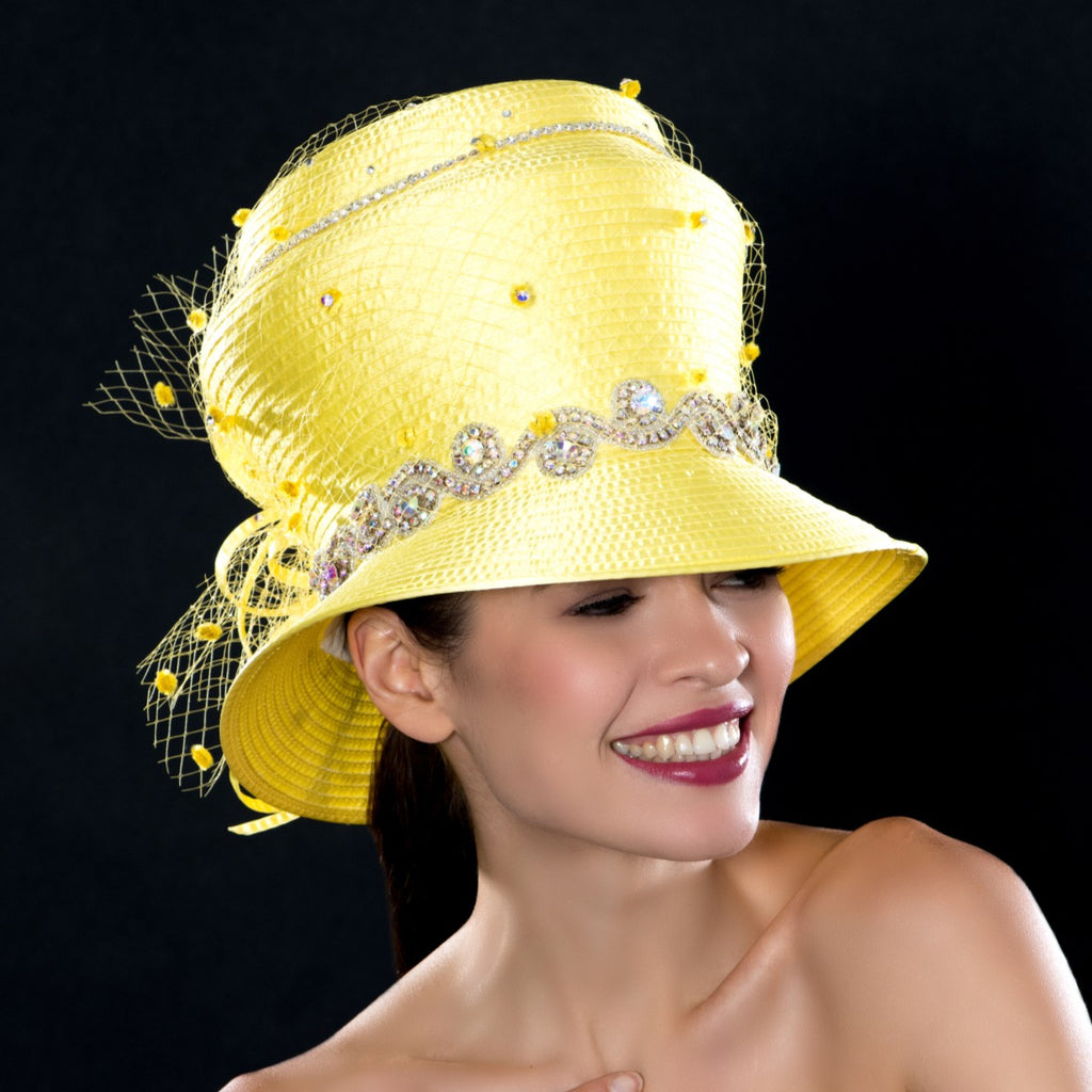 Diamond trimmed yellow satin dress hat with dotted mesh - Shenor Collections