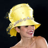 OE66521- Diamond trimmed yellow satin dress hat with dotted mesh