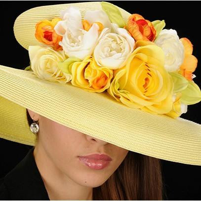 AC7026-Yellow straw ladies dress hats with assorted flowers - SHENOR COLLECTIONS