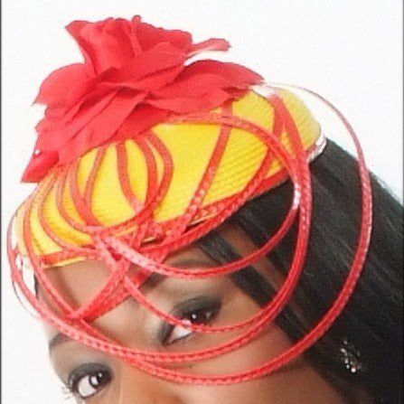 F6021-Yellow and red straw fascinator with red flower - SHENOR COLLECTIONS