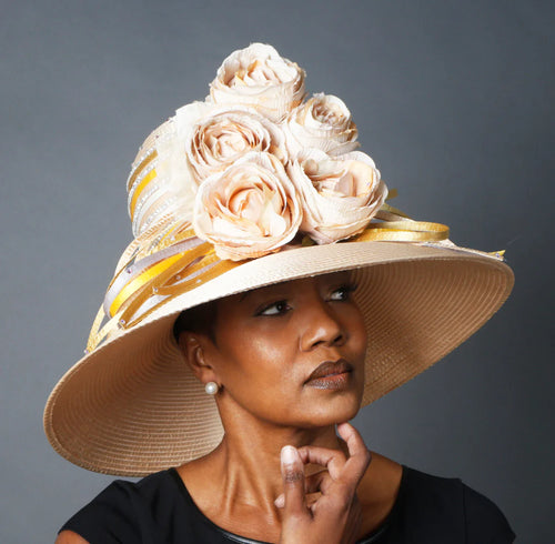 Ladies Tan Satin Ribbon Dress Hat/Shenor Collections Ladies Tan Satin Ribbon Dress Hat/Shenor Collections